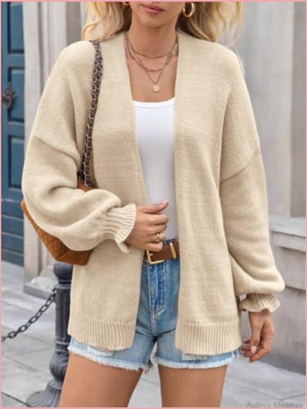 Oversized Open Front Cardigan Ruffle Lantern Long Sleeve Chunky Knit Loose - Picture 4 of 6